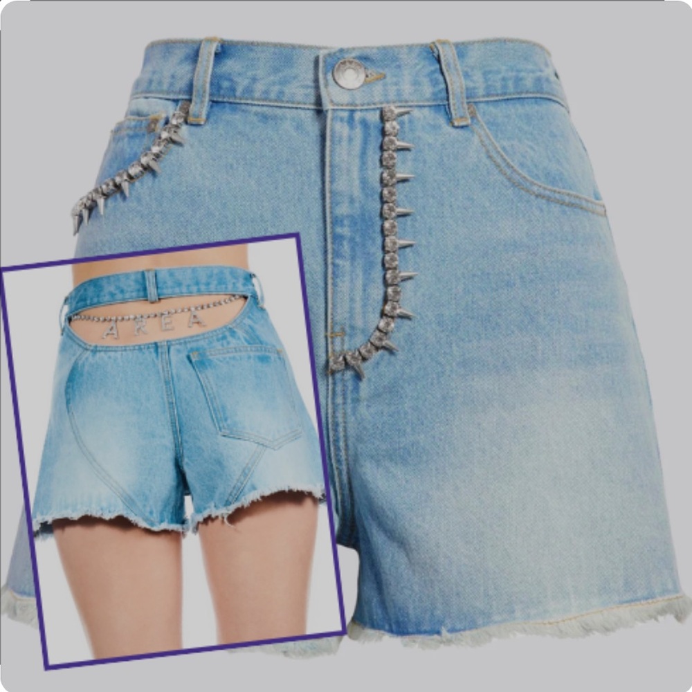 AREA Light Blue Distressed Denim Jean Shorts with Rhinestone Trim